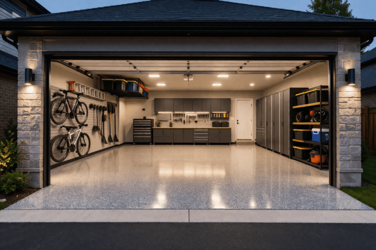 Modern open garage in Toronto GTA with new garage doors, bright LED lighting, epoxy floor and organized storage system