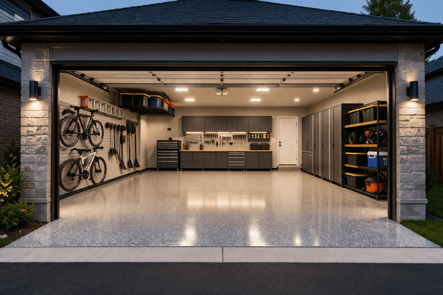 Modern open garage in Toronto GTA with new garage doors, bright LED lighting, epoxy floor and organized storage system