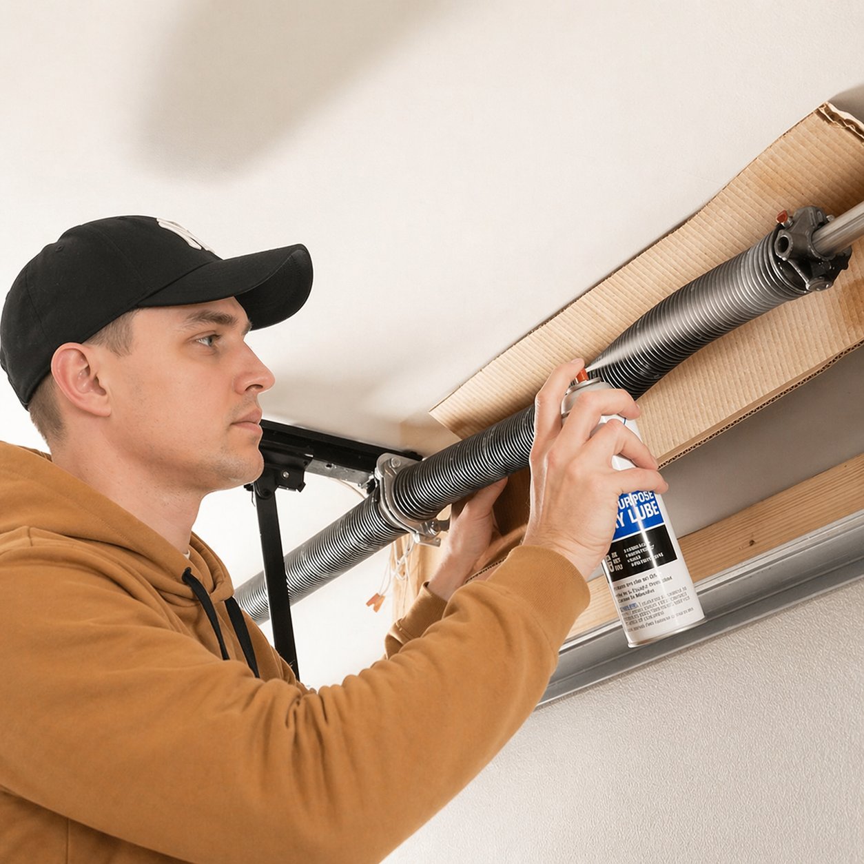 Garage door technician adjusting opener during spring maintenance in Toronto